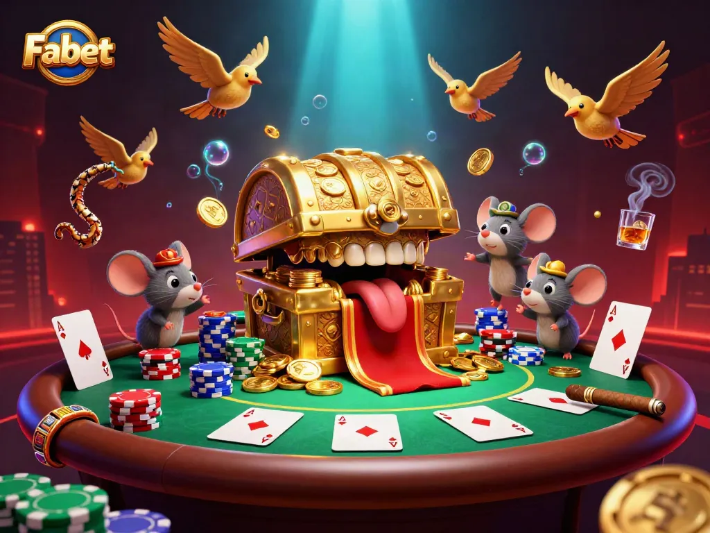 Engaging Fabet gaming scene featuring a treasure chest mimic and poker elements with vibrant details.