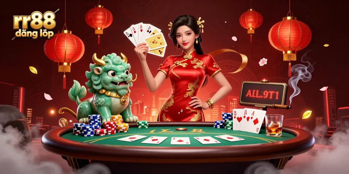 Experience rr88 đăng nhập with an elegant woman in a qipao, surrounded by poker elements and a guardian lion.
