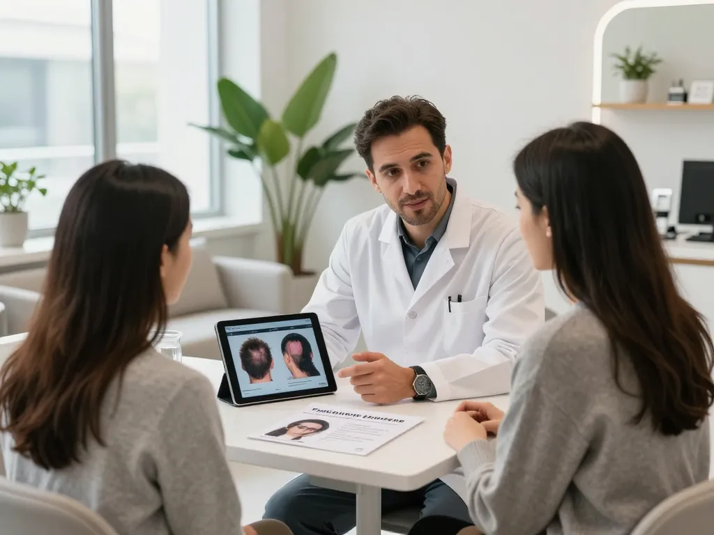 Beratung in einer Haartransplantationsklinik, die Optionen zur Haartransplantation Türkei mit einem Patienten bespricht.
