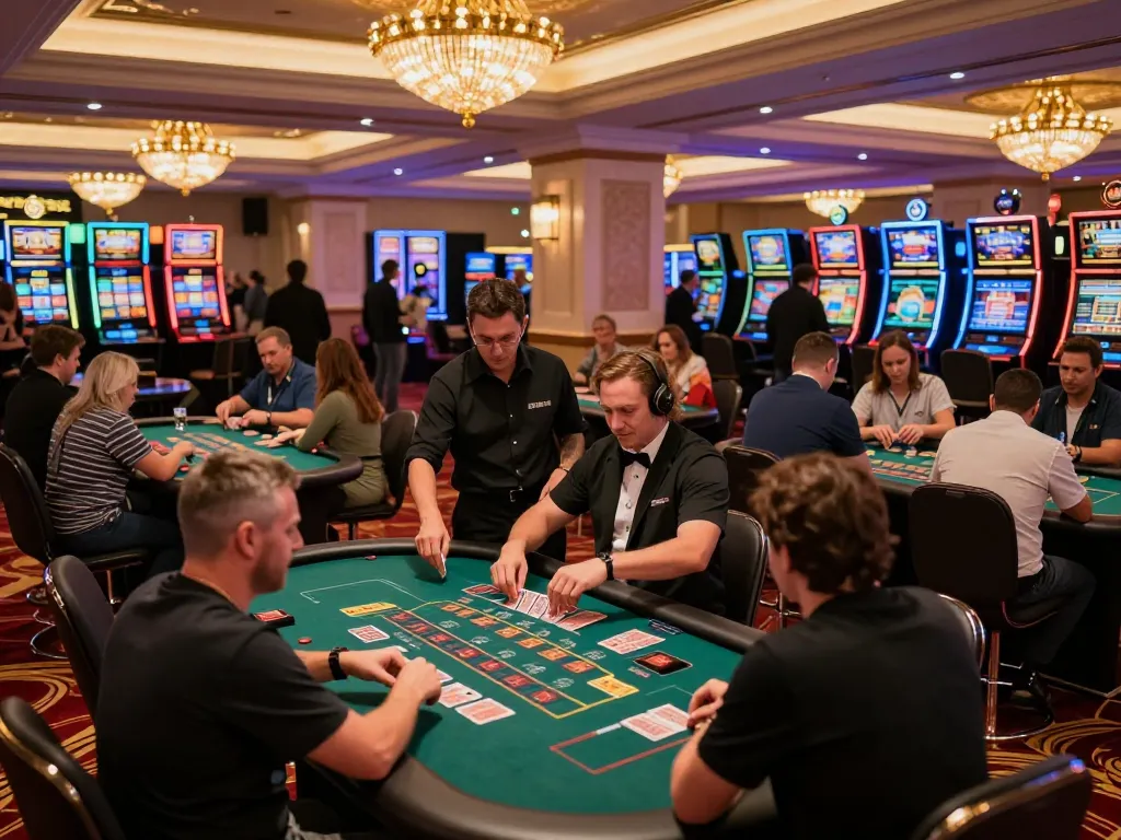 Fabet offers dynamic blackjack gameplay on a vibrant casino floor with engaged players.