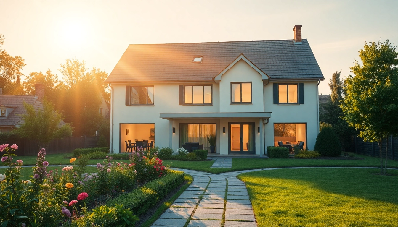 Hauskauf: Ein modernes, einladendes Zuhause mit Garten und Familie vor der Tür.