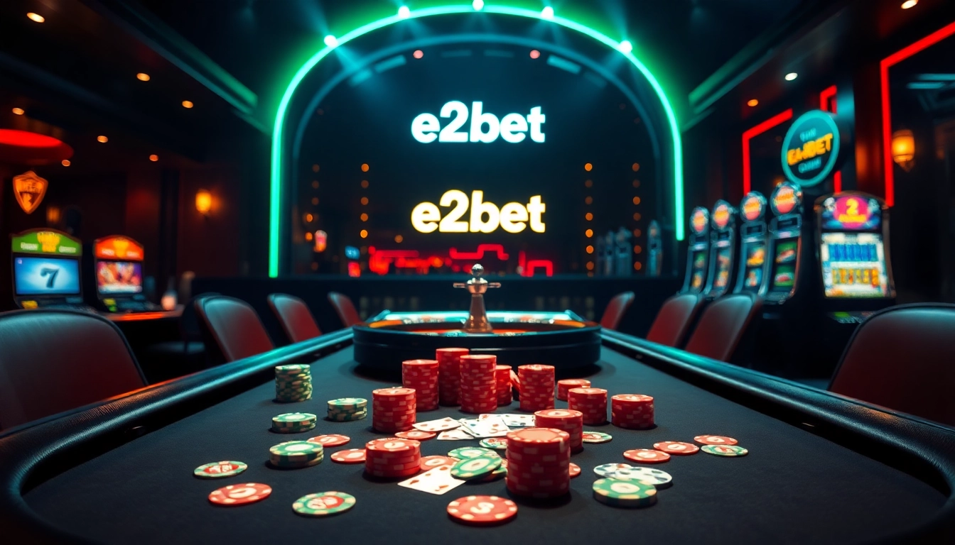 Players enjoying an exciting poker game at e2bet's luxurious casino table, filled with chips and cards.