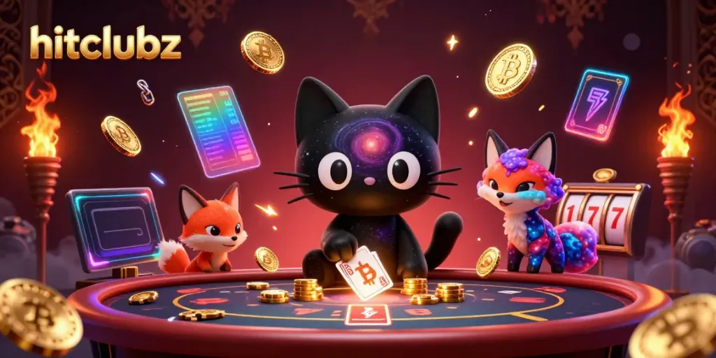 Experience the excitement of hitclubz at a cosmic casino featuring a black hole cat and a nebula fox.