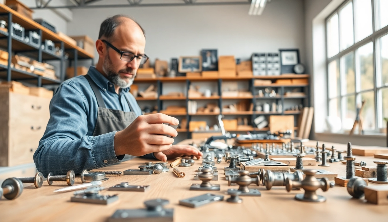 Möbelbeschläge Lieferant zeigt qualitativ hochwertige Hardware in einem modernen Werkstattszenario.
