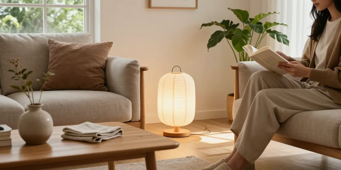 Stilvolle Tischlampe im Japandi-Design, die eine gemütliche Leseecke mit natürlichen Dekorelementen beleuchtet.