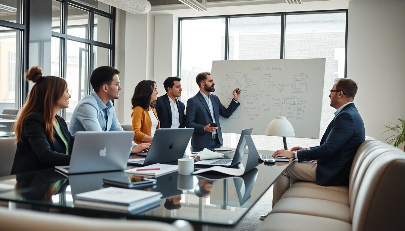 Besucher von https://piraminds.com/ tauschen Ideen in einem modernen Büro aus.