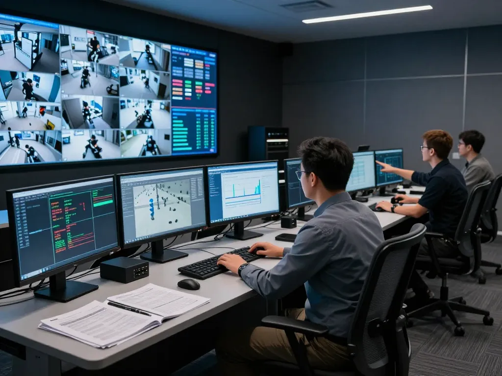 Überwachung von IP-Kameras für Sicherheit in einem hochmodernen Kontrollraum mit professionellem Personal.