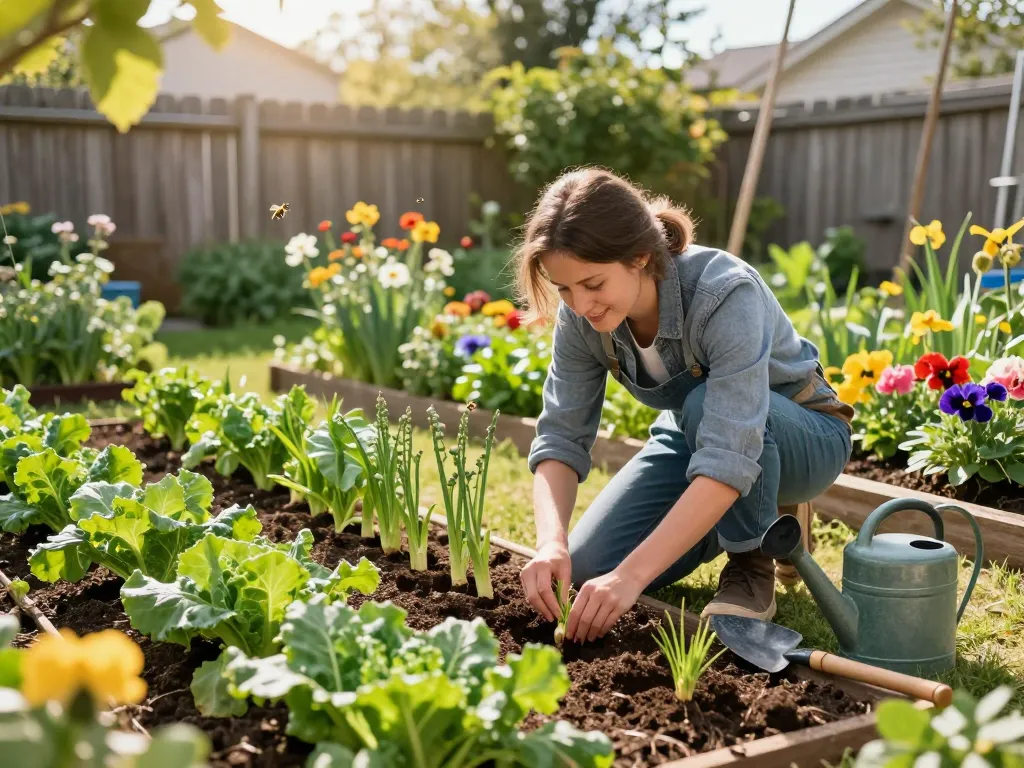 Planting grünspargel pflanzen kaufen in a vibrant home garden with tools and colorful flowers.