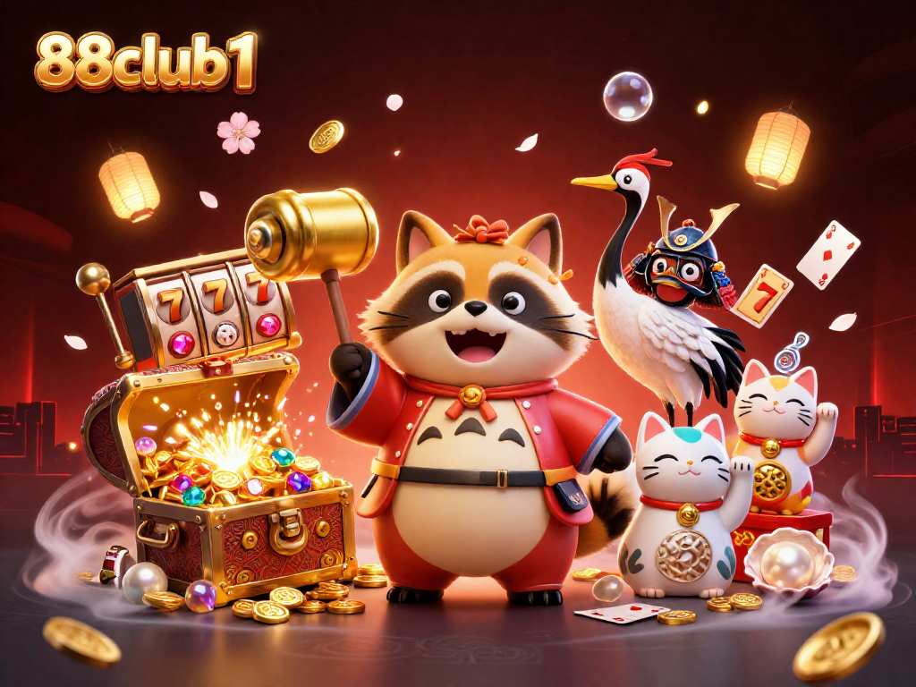 Experience the excitement of 88club1 as colorful fortune cats and a cheerful tanuki celebrate casino gaming.