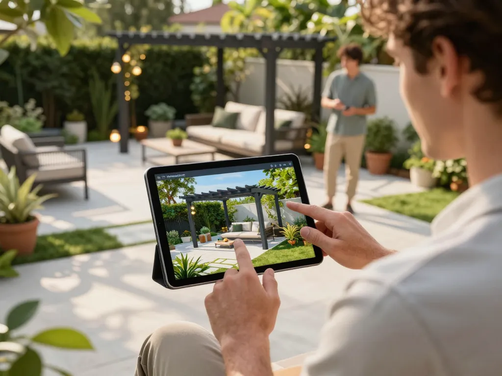 Hausbesitzer nutzt den Pergola Konfigurator 3D, um das Pergoladesign in einem modernen Garten zu visualisieren.