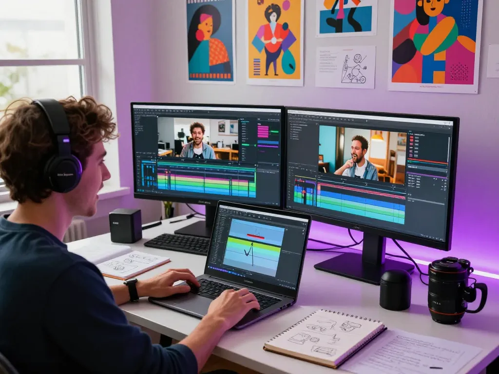 Creating engaging videos with free motion control technology in a vibrant workspace filled with creative elements