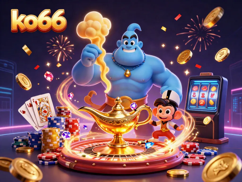 Experience exciting gaming with ko66, featuring vibrant characters, golden coins, and spinning roulette wheels.