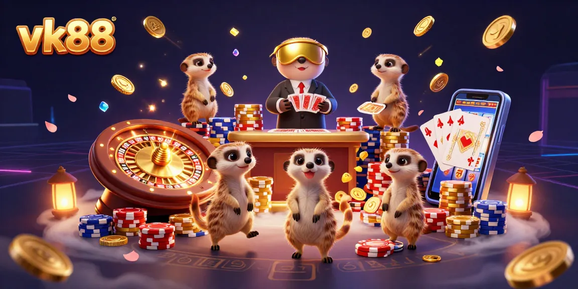Experience thrilling casino action with vk88, featuring meerkats in a vibrant digital gambling scene.