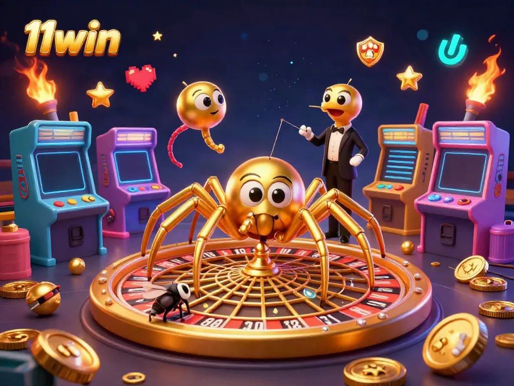 11win gamblers experience excitement with a roulette-themed web spun by a golden spider, surrounded by vibrant game elements.