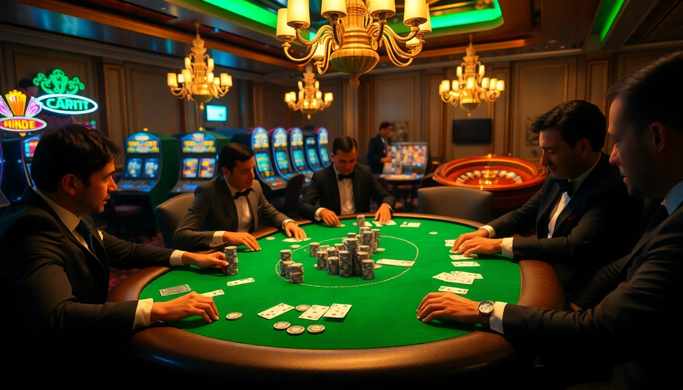 Players engaged in a high-stakes poker game at the luxurious casino featuring mint88-themed elements.