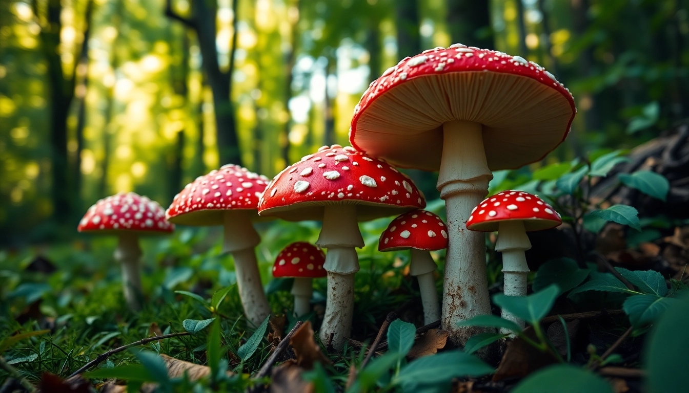 Fliegenpilz kaufen: Hochwertige Fliegenpilze in einem lebhaften Waldumfeld präsentieren.