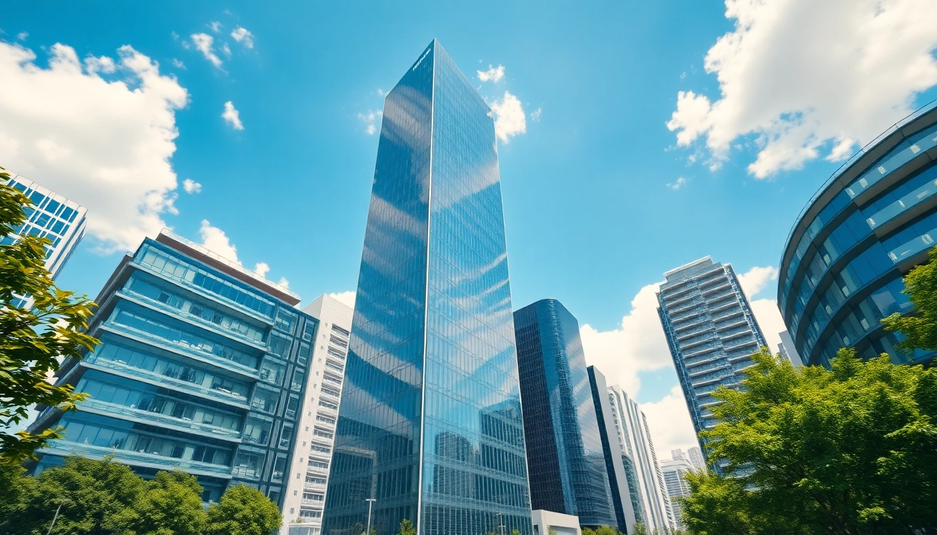 Architektur visualisierung einer modernen urbanen Landschaft mit einem eleganten Glasturm im Vordergrund.