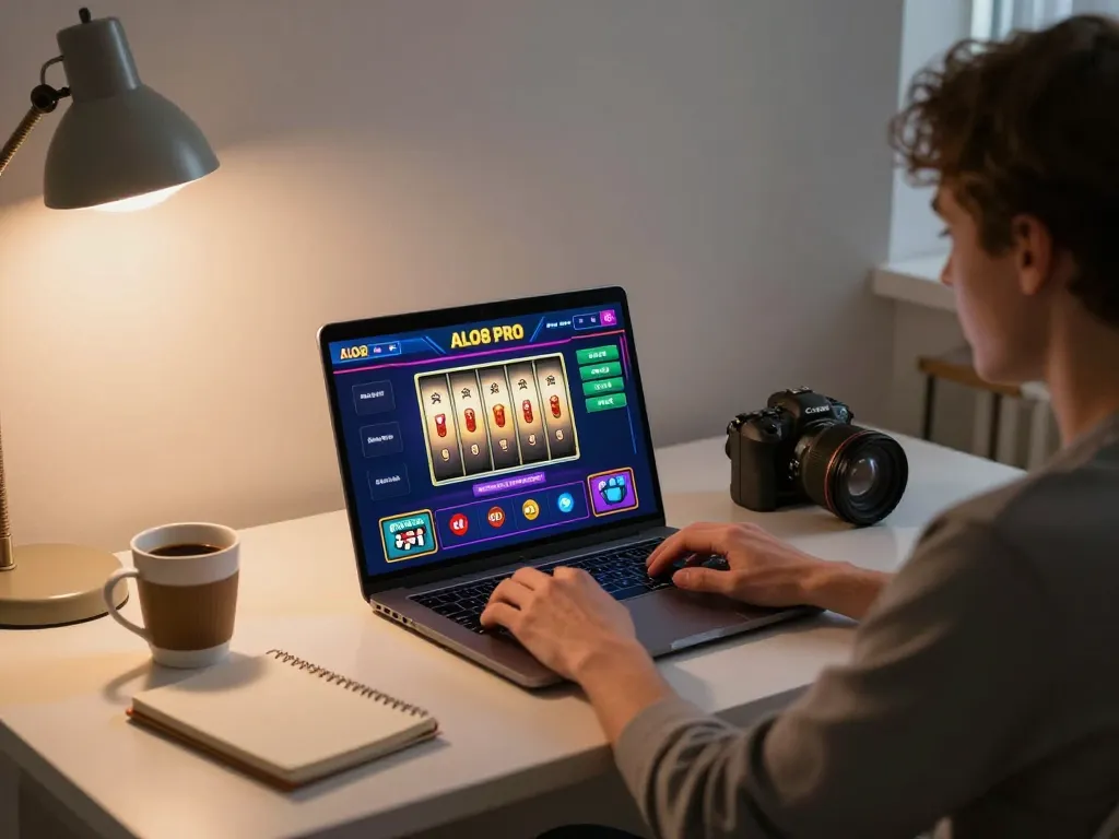 Engaging in online gameplay with ALO8 PRO on a laptop, highlighting the vibrant slot interface.