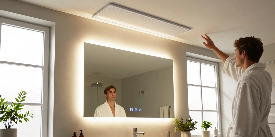 Infrarotheizung Decke mit Licht, die die moderne Badezimmeratmosphäre mit stilvollem LED-Licht und gemütlicher Einrichtung verbessert.