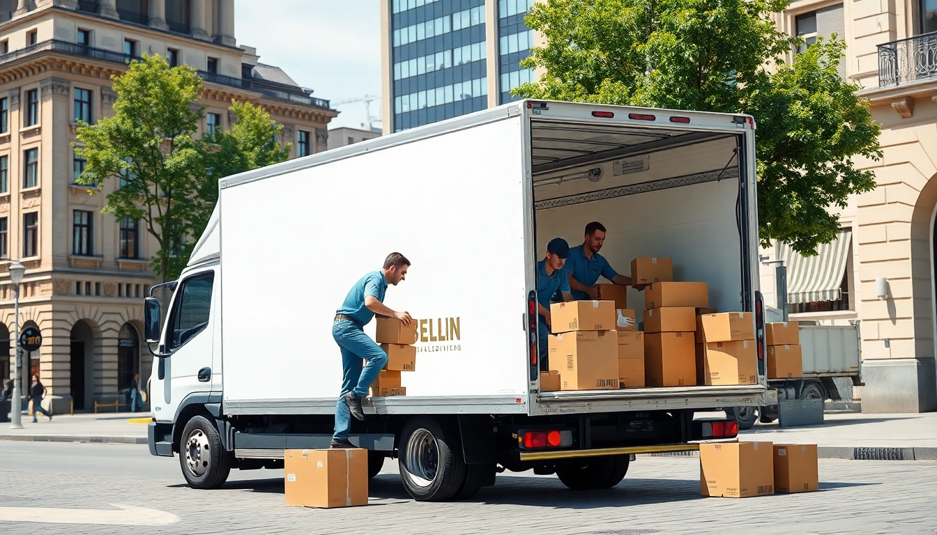 Berlin Umzugsunternehmen movers efficiently loading boxes into a truck in Berlin's vibrant setting.