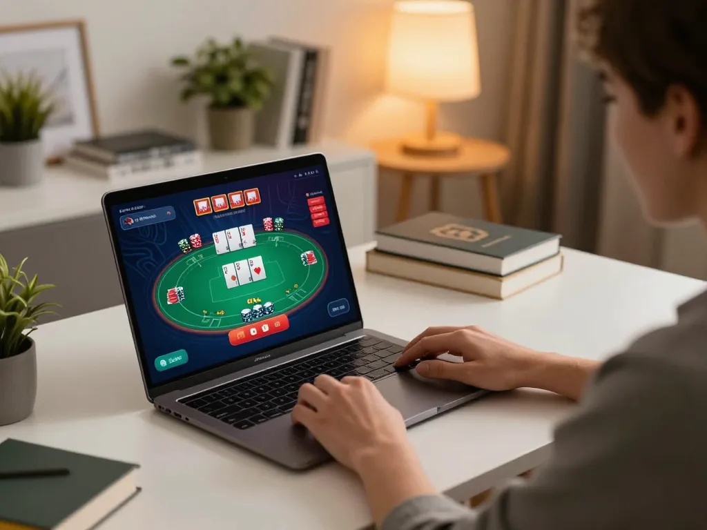 Engaging with poker gameplay on a sleek laptop for ALO8 PRO online casino experience.
