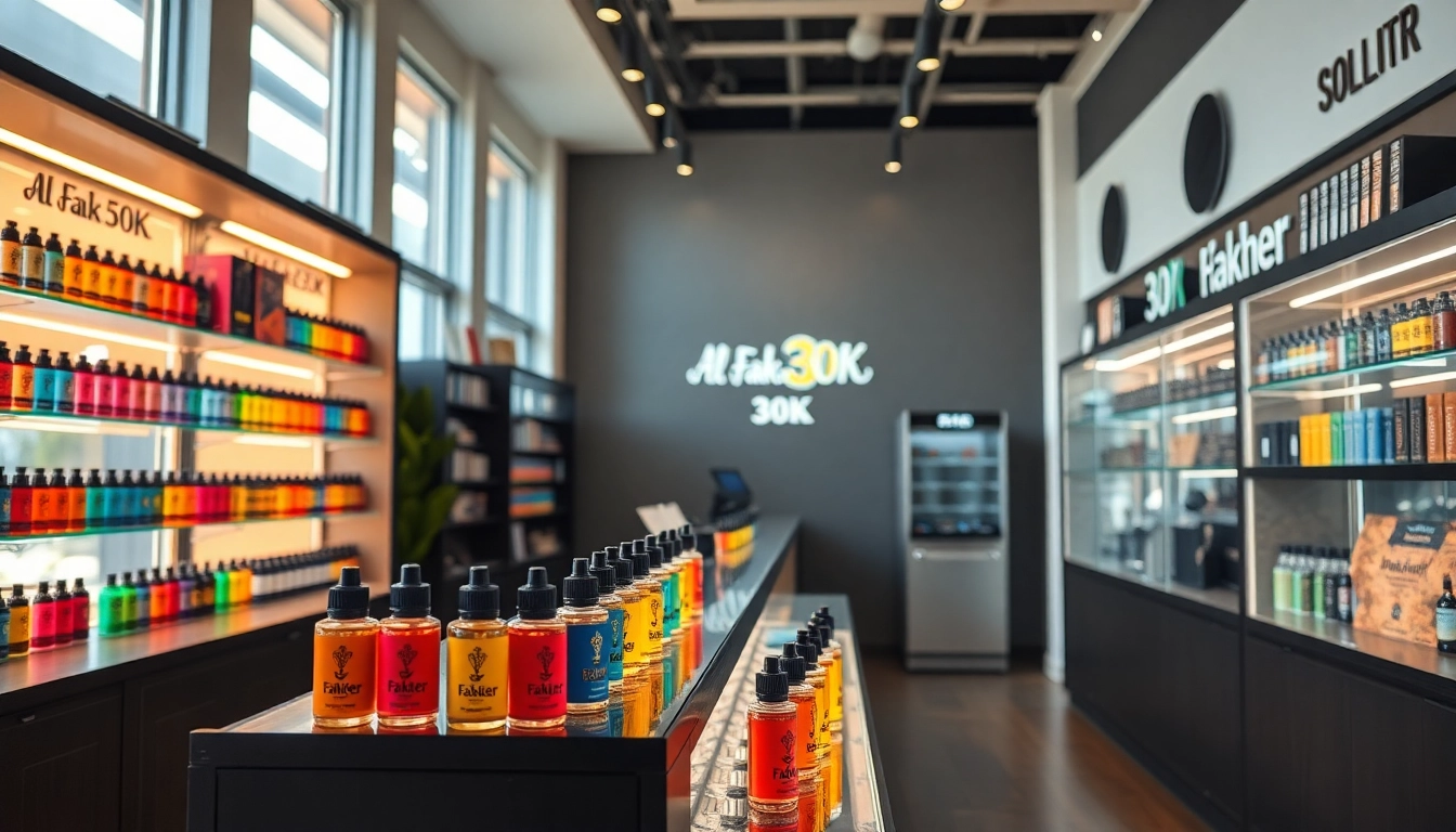 Genießen Sie Al Fakher 30K in einer eleganten Vape-Shop-Umgebung mit bunten Produkten.