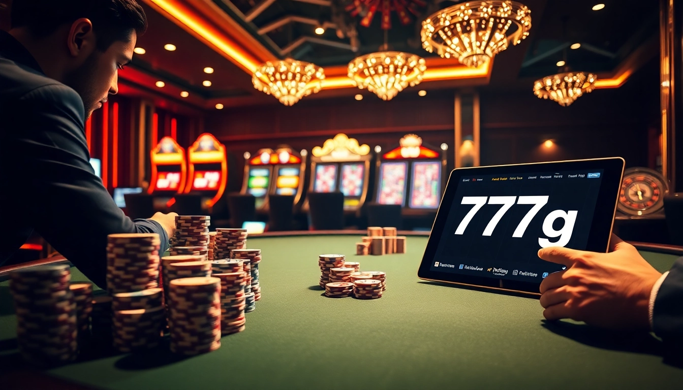 Excited player strategizing at the poker table in a luxurious casino setting featuring 777g.