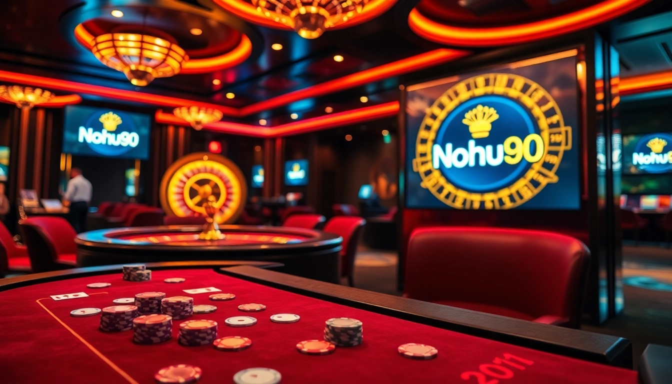 Nohu90 gaming table with vibrant casino atmosphere, poker chips, and roulette wheel.