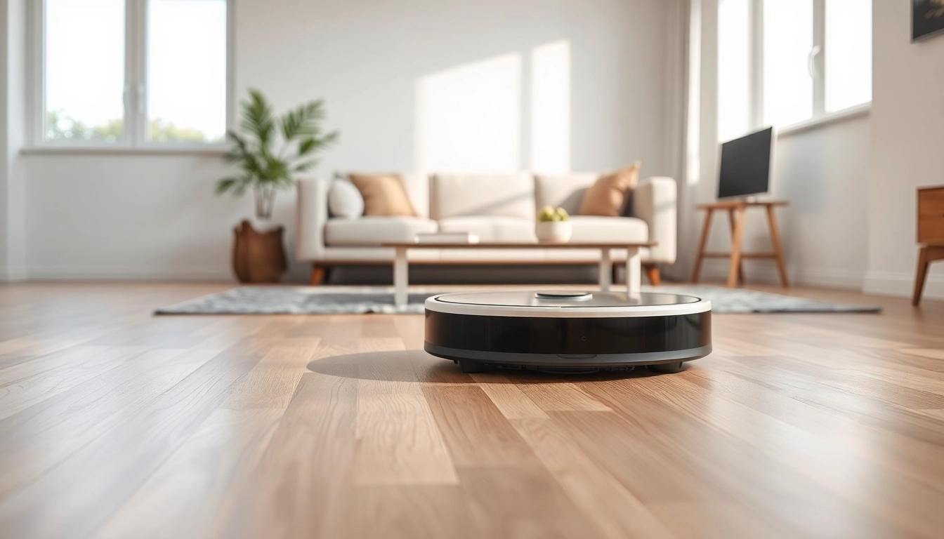 Roboterstaubsauger Vergleich zeigt einen modernen Staubsauger auf einem eleganten Holzboden.