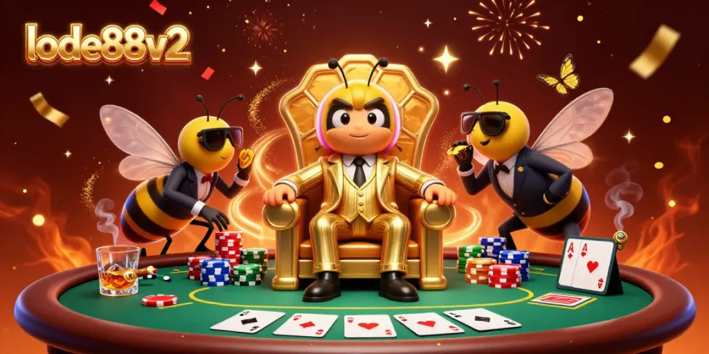 Engage with lode88v2 in a vibrant casino-themed scene featuring a bumblebee boss and poker elements.
