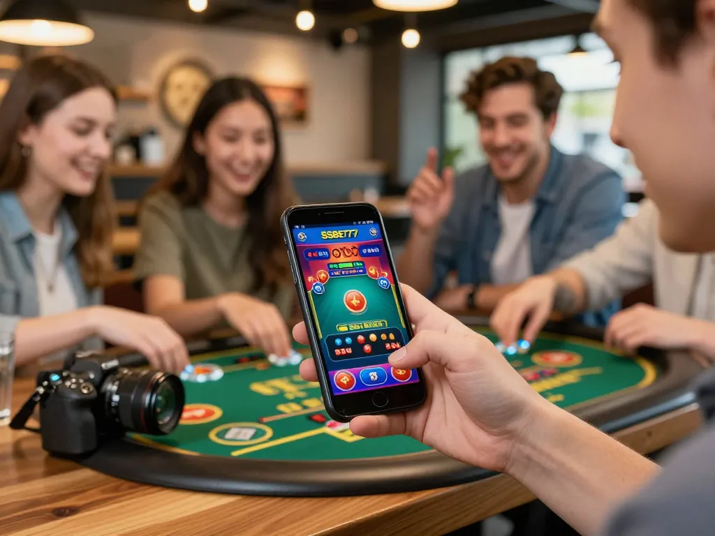 Playing SSBET77 games on mobile app in a cafe, hands holding phone engaged in live dealer action.
