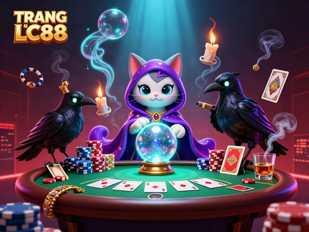TRANG CHỦ LC88 captivates with a mystical cat and raven in a vibrant casino scene.