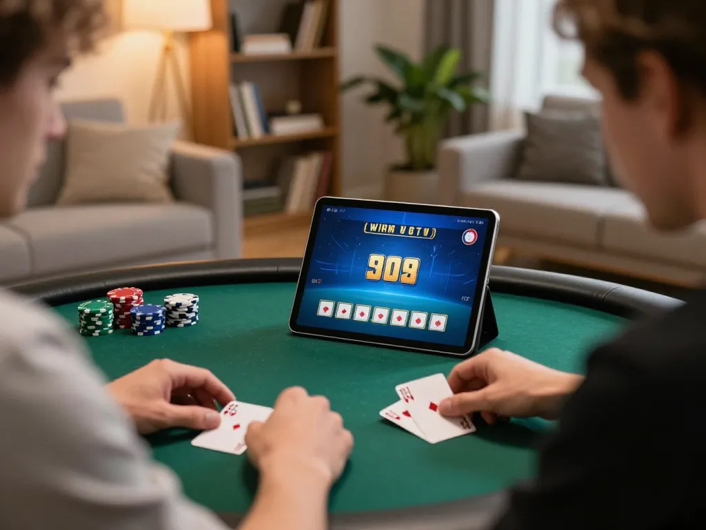Engaged player at nhà cái MM88 placing poker bets on tablet in cozy home setting