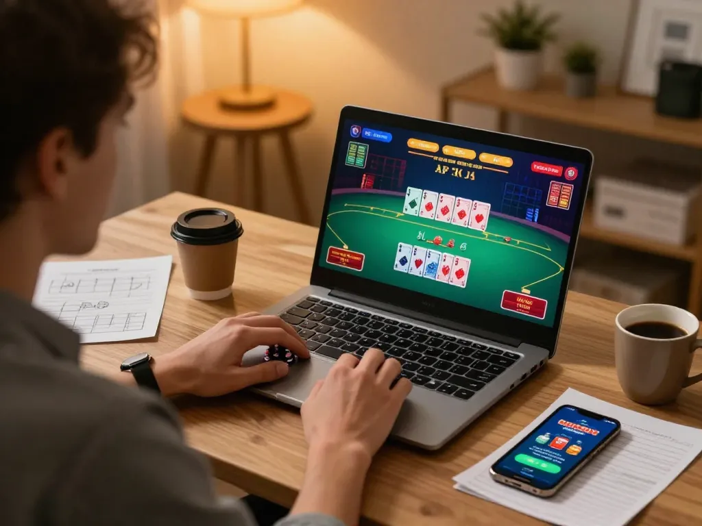 Player engaging in online poker with TT88 app on laptop, warm home decor creating a cozy atmosphere.
