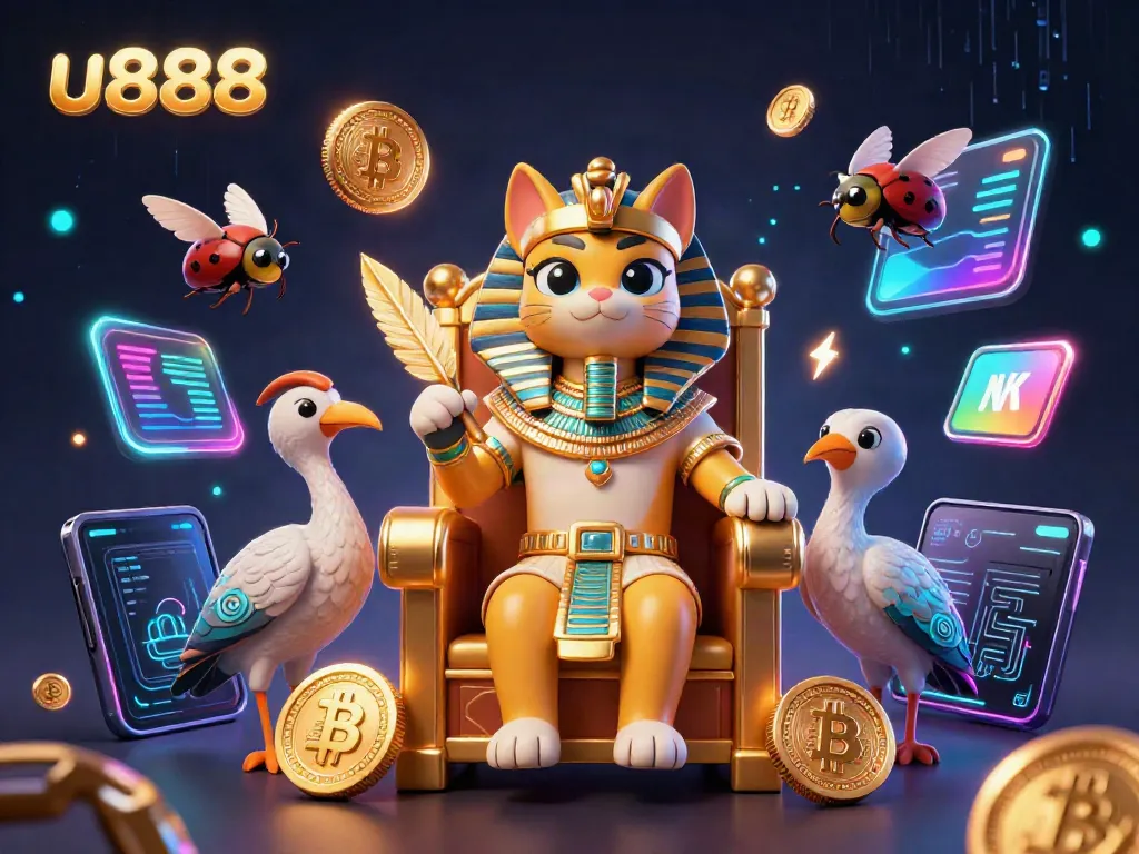 Experience the excitement of u888 gaming with a pharaoh cat, shining coins, and vibrant casino elements.