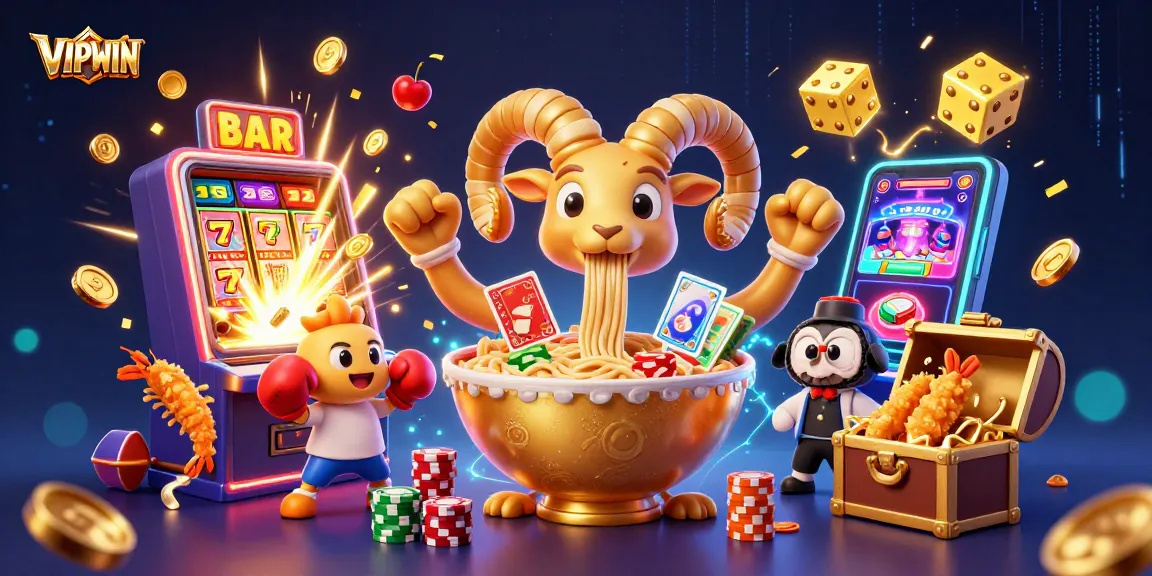 Engage with a dynamic VIPWIN scene featuring colorful characters and exploding casino graphics.