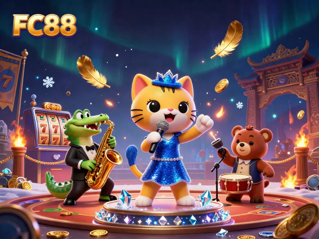 Join the fun at FC88, with colorful characters enjoying a vibrant casino atmosphere.