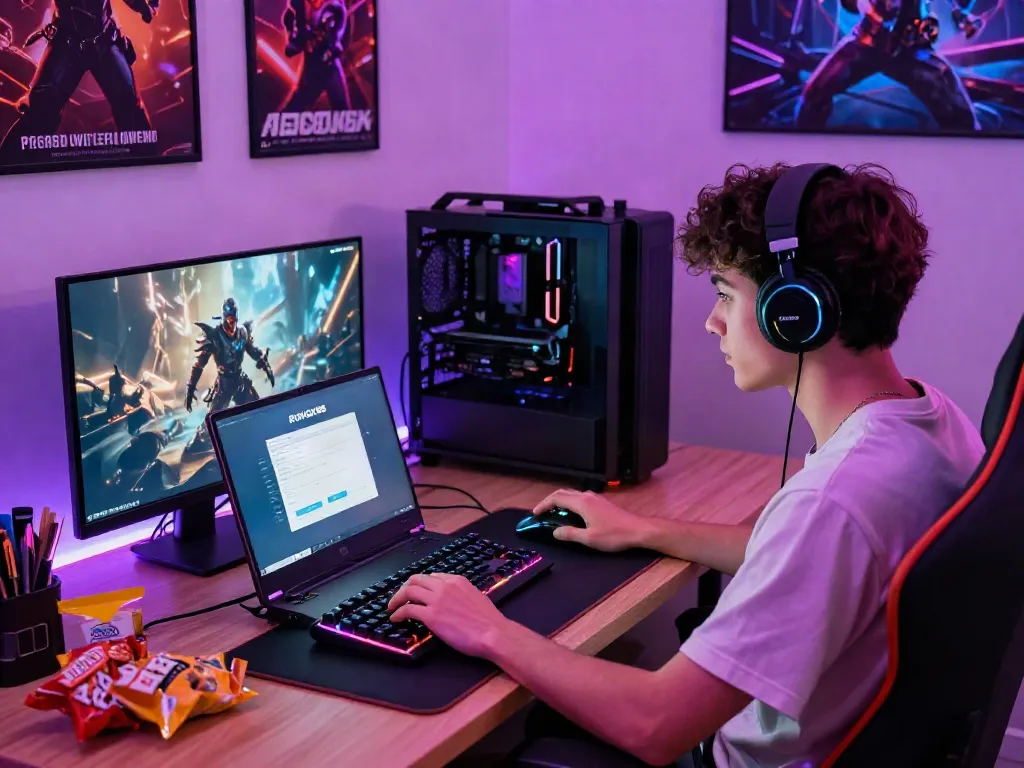 Engaged gamer using ROKOK88 for quick account top-up with modern setup.