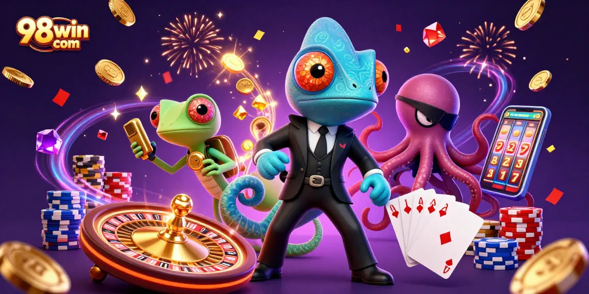 Experience the vibrant action at 98win com with a colorful 3D casino scene featuring exciting game elements.