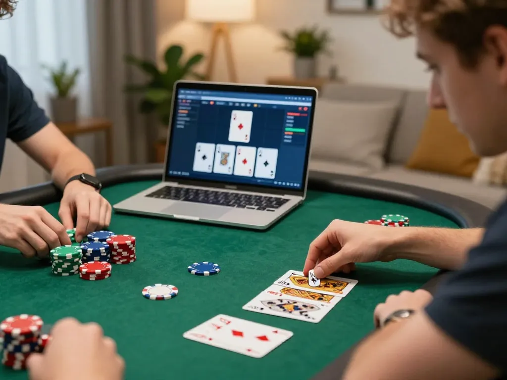 Engaged player strategizing in o8net3 online poker setup, colorful chips and cards featured.
