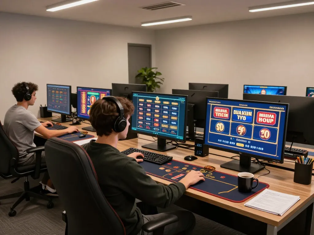 Engaged player strategizing on the luckywin online casino interface at home with multiple screens.