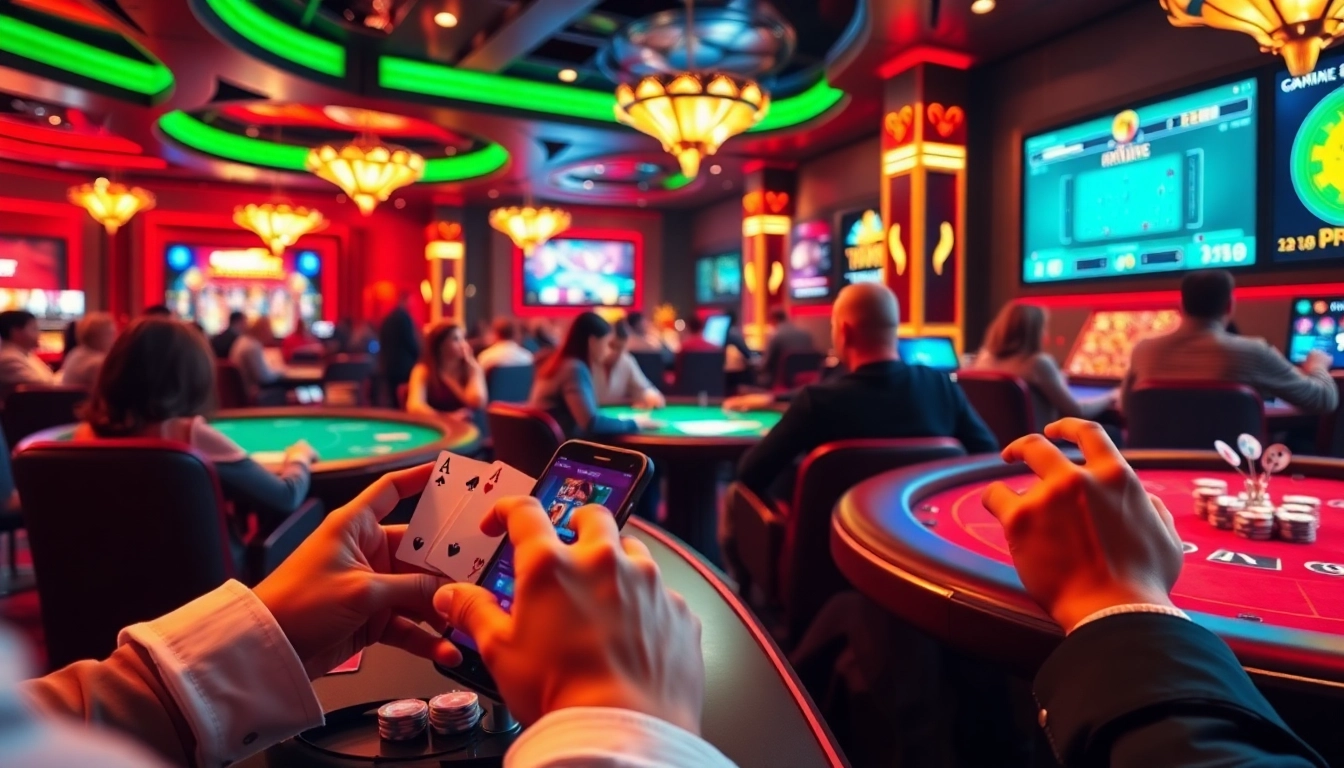 Engaging scene of players immersed in game đổi thưởng at a vibrant online casino.