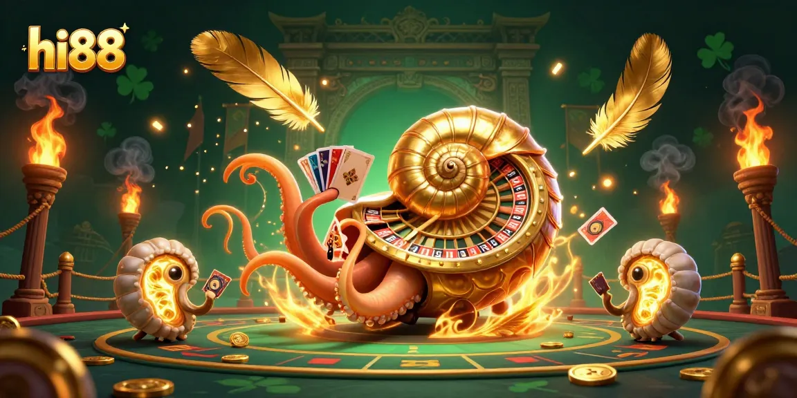 Experience hi88's vibrant gaming atmosphere with a 3D nautilus acting as a roulette wheel and glowing companions.