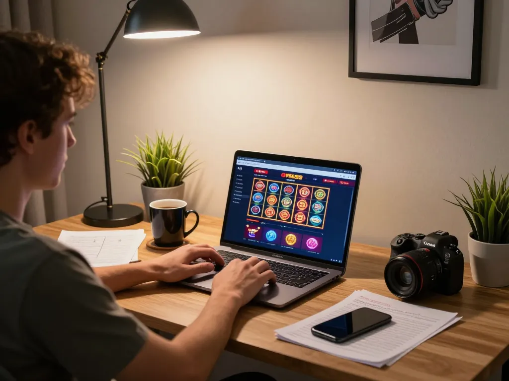 Player engaging with OPEN88 online casino on laptop, showcasing vibrant slot games and a cozy home atmosphere