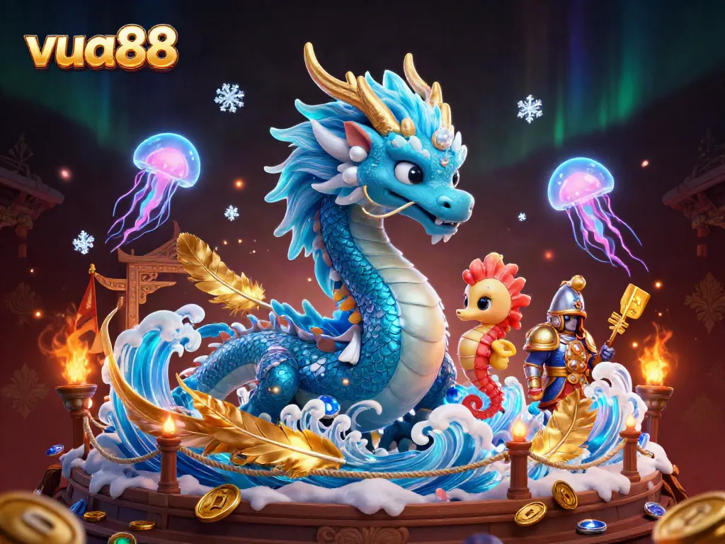 Engage in thrilling gameplay with the majestic dragon and seahorse at Vua88's dynamic casino scene.