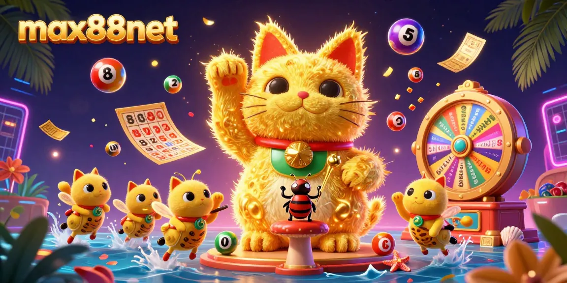 Experience the charm of max88net with a vibrant lucky cat and dynamic casino elements in this captivating illustration.