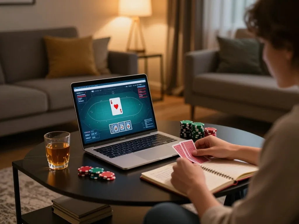 Engaged player strategizing online poker at home in the LLwin center.