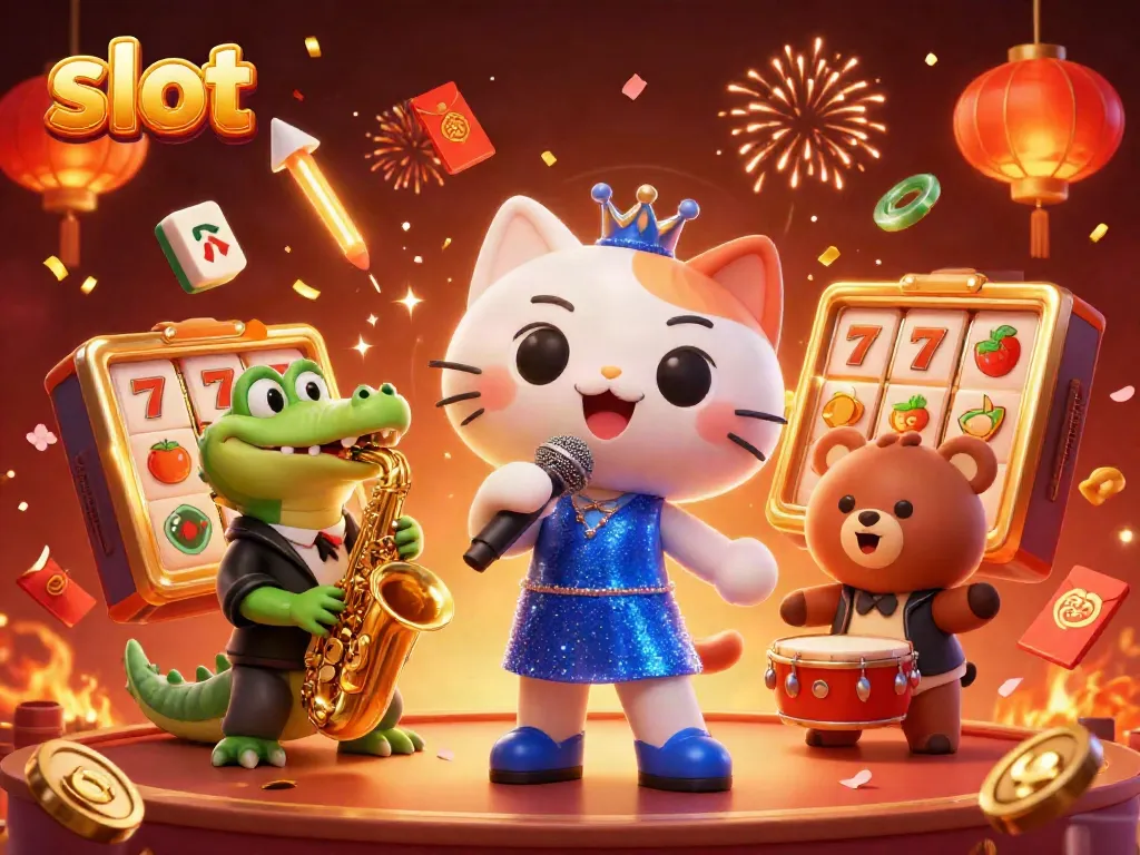 Play thrilling slot games with vibrant characters in a dazzling casino scene.