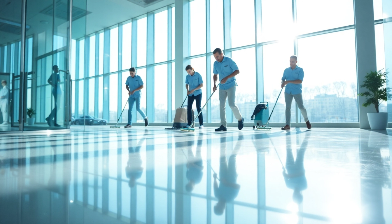 Efficient gebäudereinigung münchen team cleaning a modern office for a spotless finish.