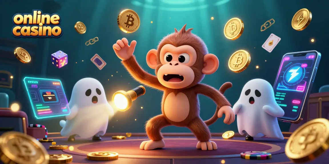Explore an exciting online casino scene with a playful poltergeist monkey and a curious puppy.